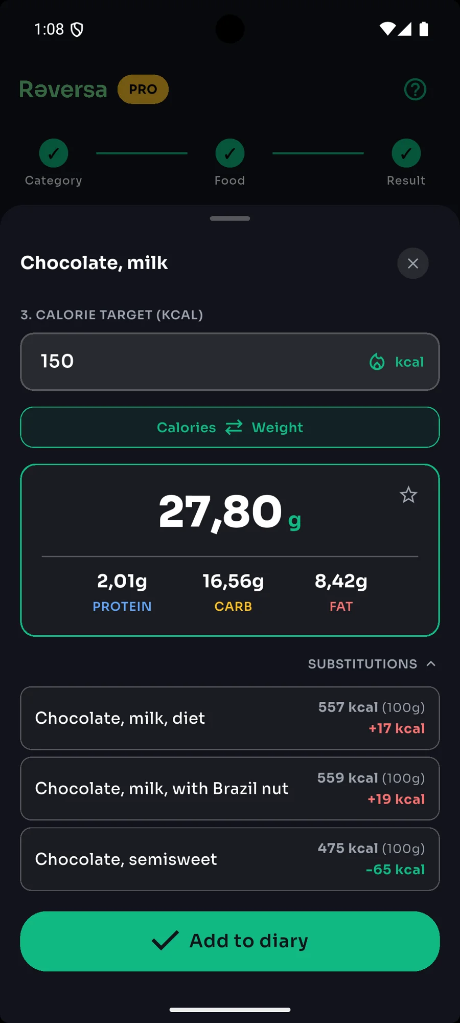 Reversa screen showing that 150 kcal equals 27.80 g of milk chocolate, with protein, carbs and fat