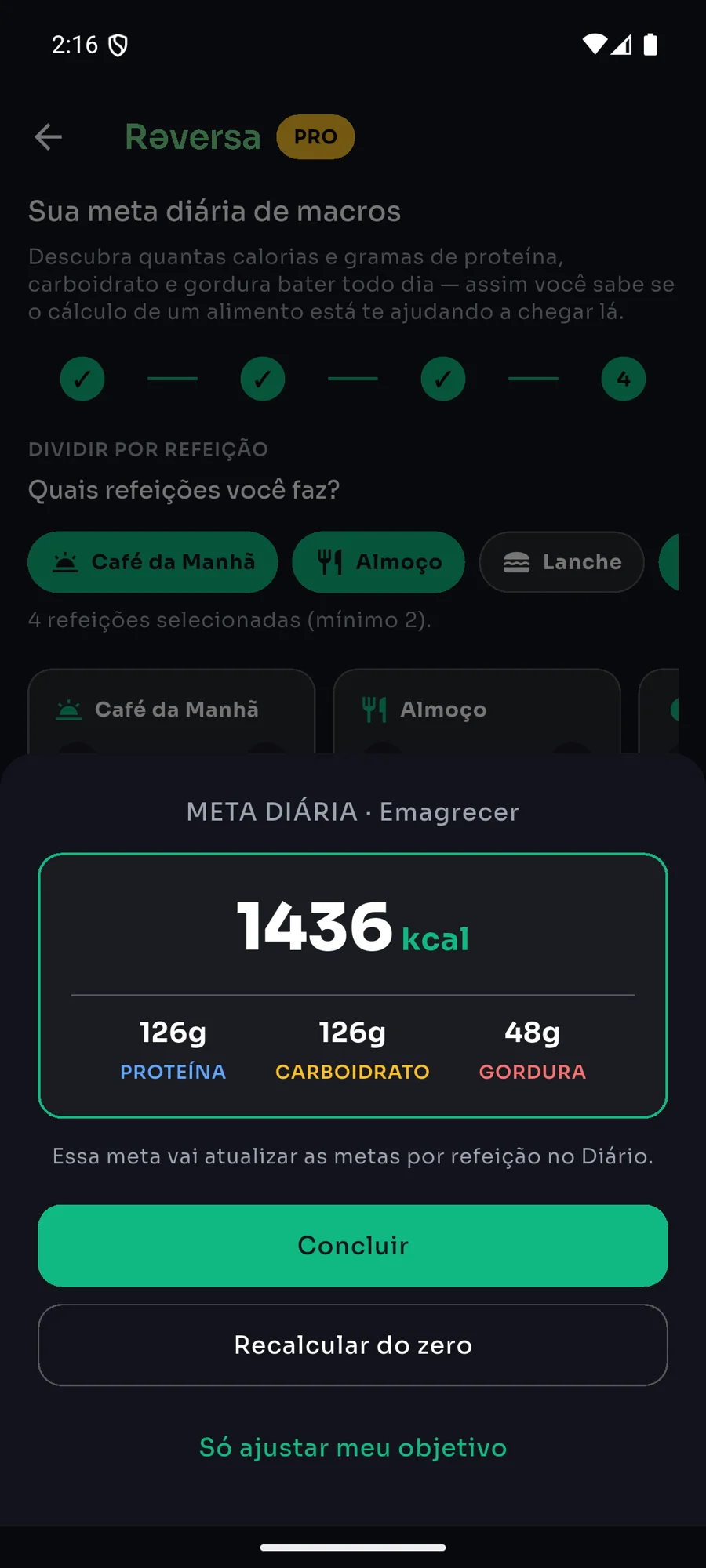 Meta diária de calorias e macros