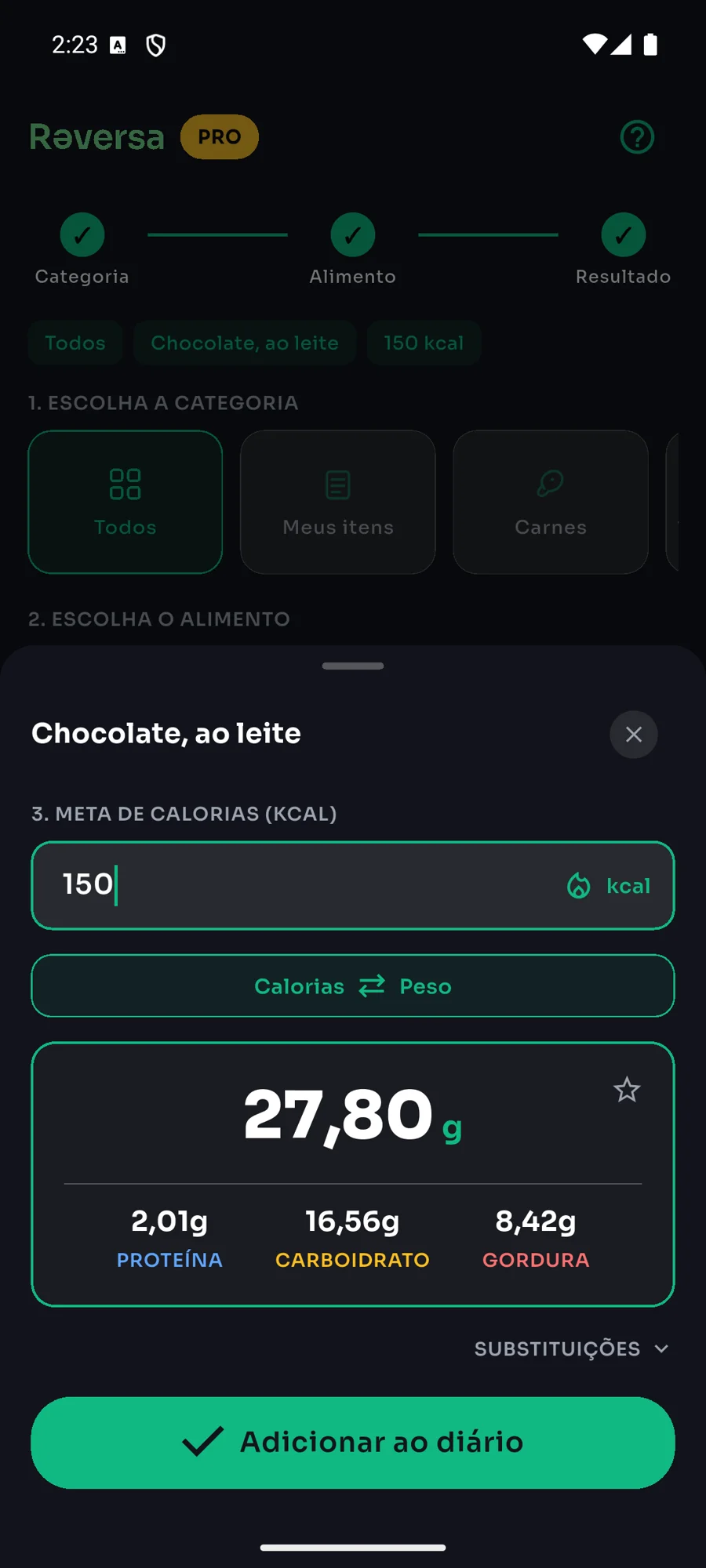 Tela do Reversa mostrando que 150 kcal equivalem a 27,80 g de chocolate ao leite, com proteína, carboidrato e gordura
